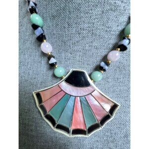 Vintage LEE SANDS Abalone Shell Inlay Fan Shape Statement Necklace Rose Quartz J